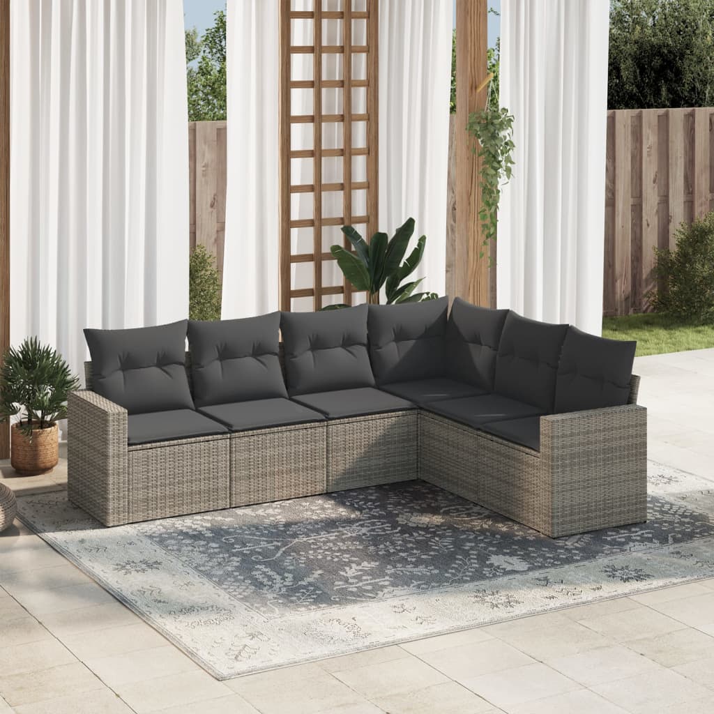 Set Divano da Giardino 6 pz con Cuscini Grigio in Polyrattan