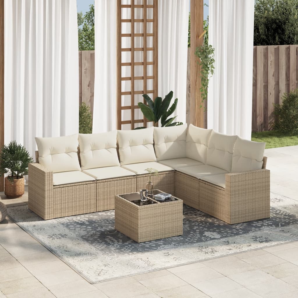 Set Divani da Giardino 7 pz con Cuscini Beige in Polyrattan