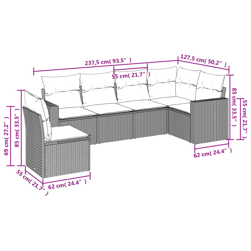 Set Divano da Giardino 6 pz con Cuscini Beige in Polyrattan