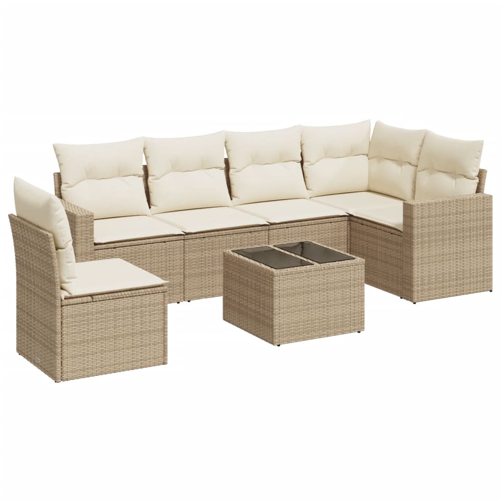 Set Divani da Giardino 7 pz con Cuscini Beige in Polyrattan