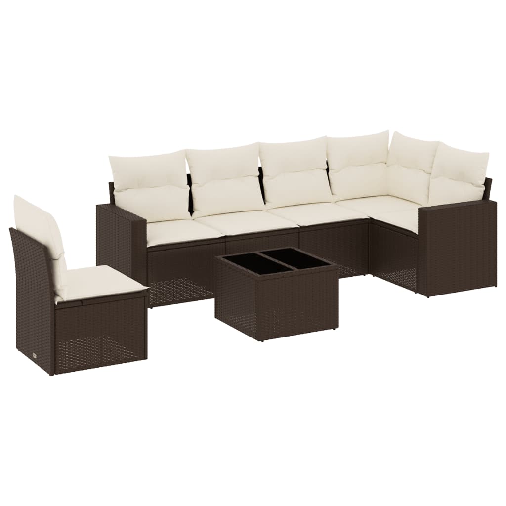 Set Divani da Giardino 7 pz con Cuscini Marrone in Polyrattan