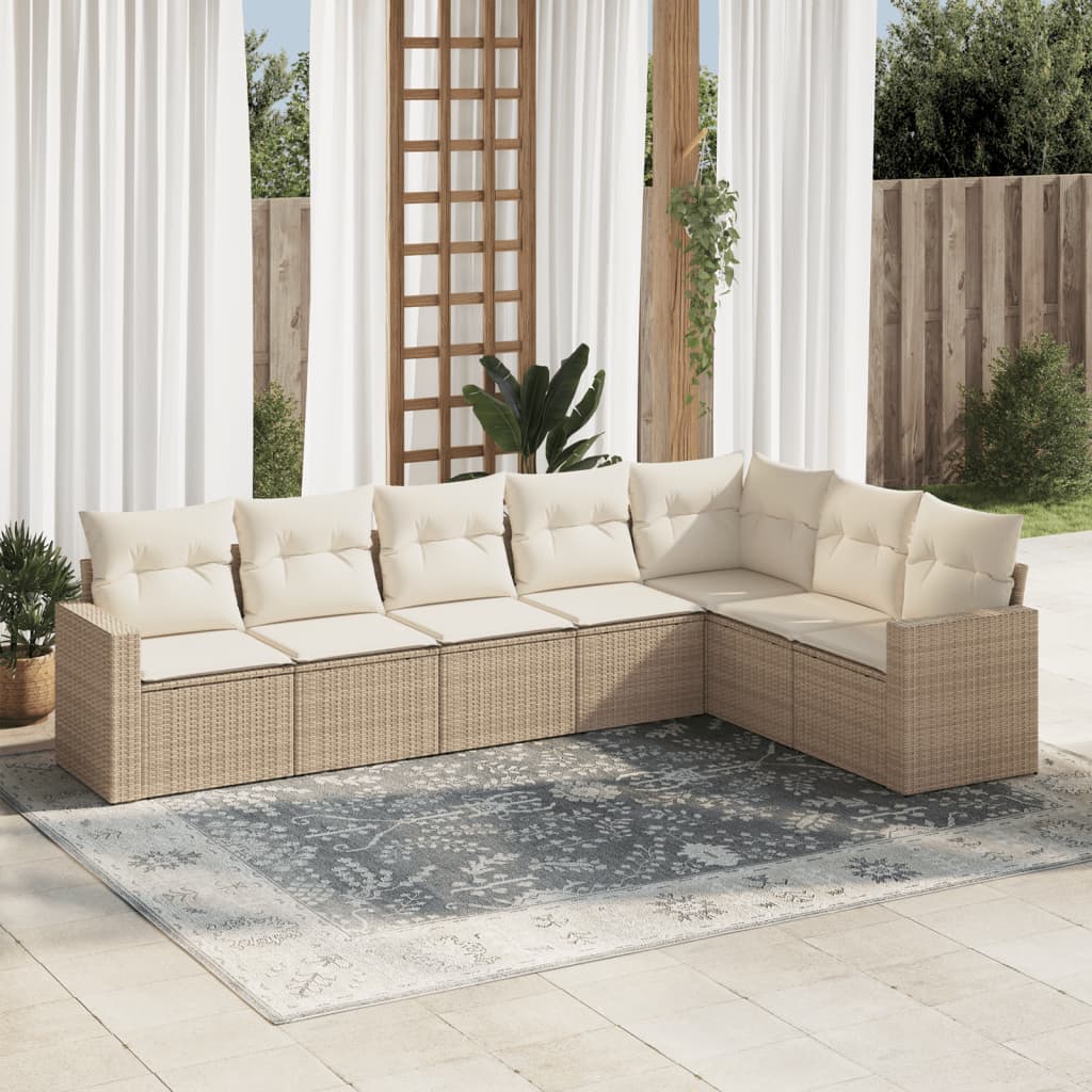 Set Divani da Giardino 7 pz con Cuscini Beige in Polyrattan