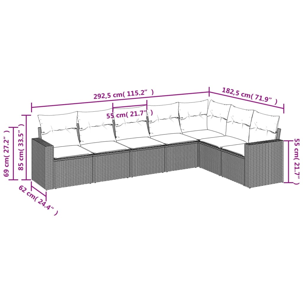 Set Divani da Giardino 7 pz con Cuscini Grigio in Polyrattan