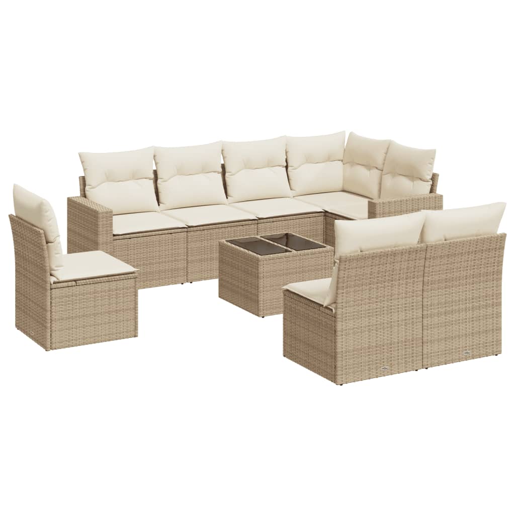 Set Divano da Giardino 9 pz con Cuscini Beige in Polyrattan