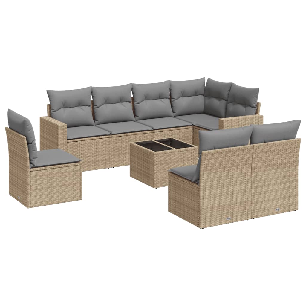 Set Divano da Giardino 9 pz con Cuscini Beige in Polyrattan