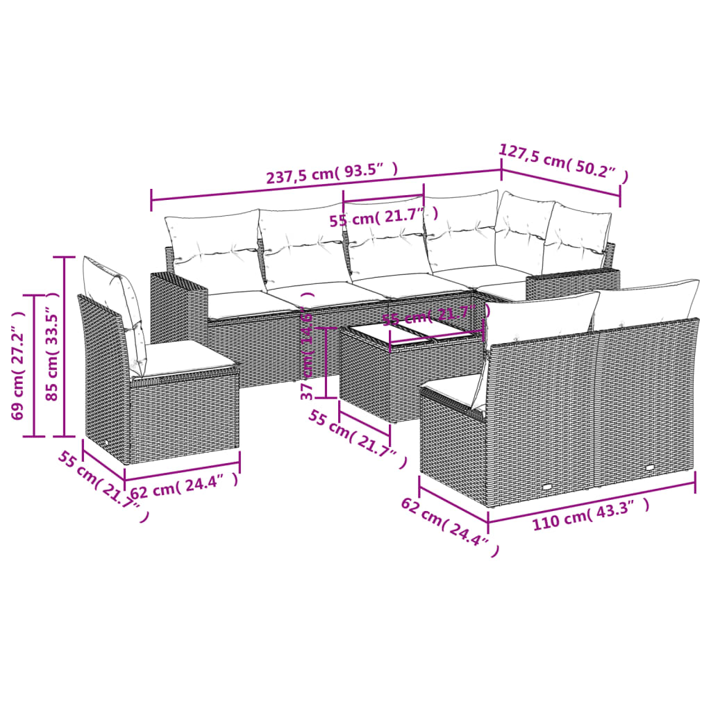 Set Divano da Giardino 9 pz con Cuscini Grigio in Polyrattan