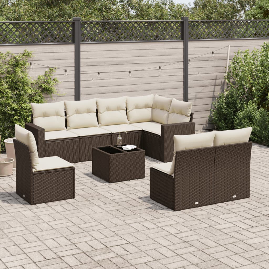 Set Divani da Giardino 9pz con Cuscini Marrone in Polyrattan