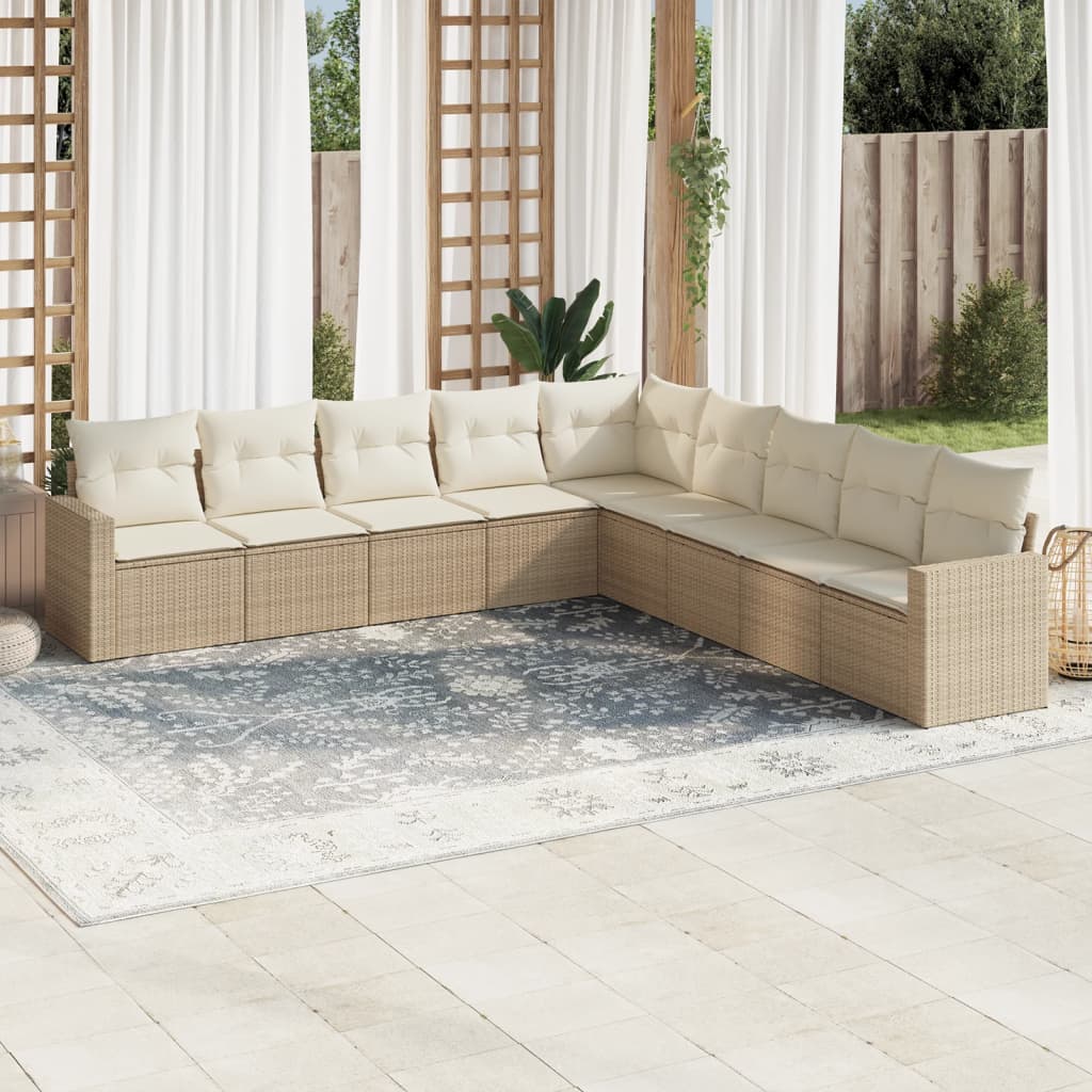 Set Divano da Giardino 9 pz con Cuscini Beige in Polyrattan