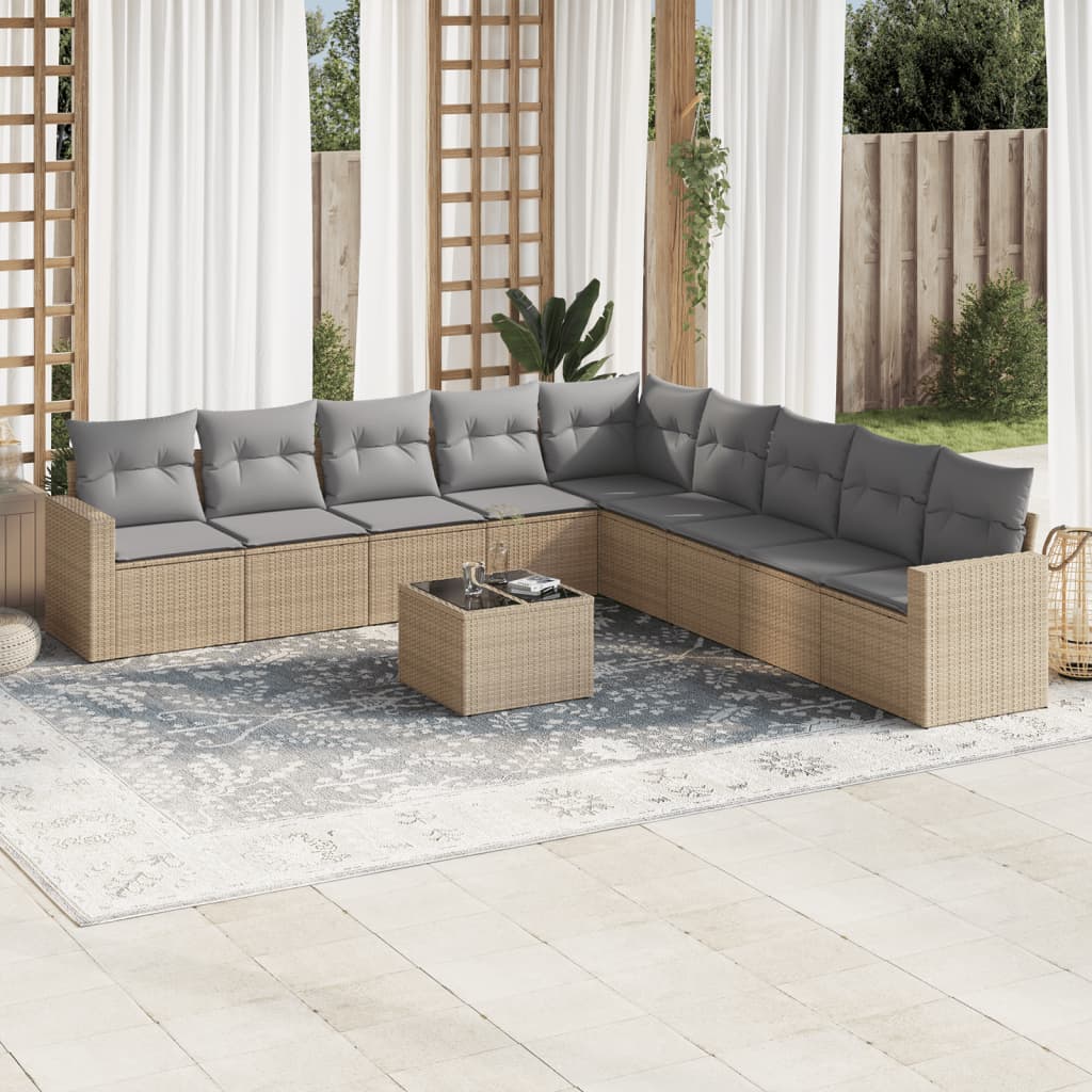 Set Divano da Giardino 10 pz con Cuscini Beige in Polyrattan