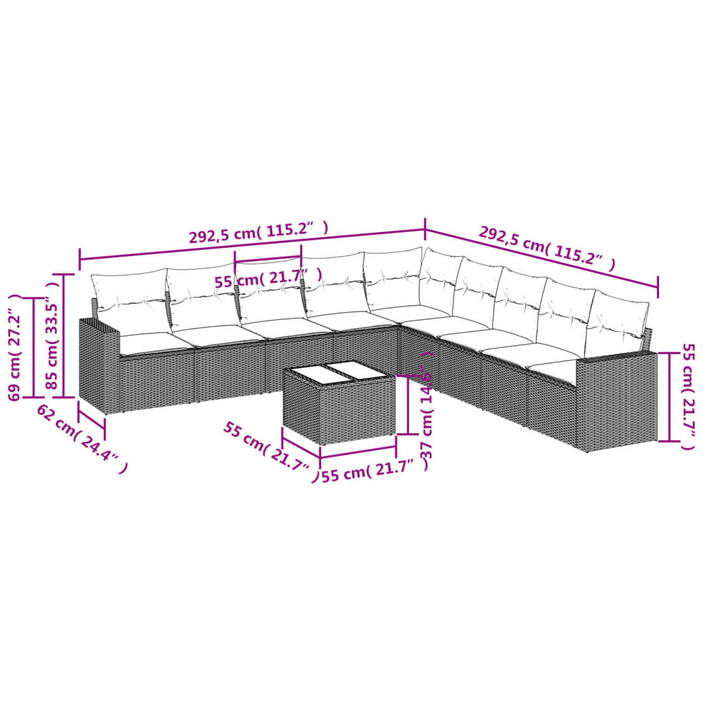 Set Divano da Giardino 10 pz con Cuscini Grigio in Polyrattan