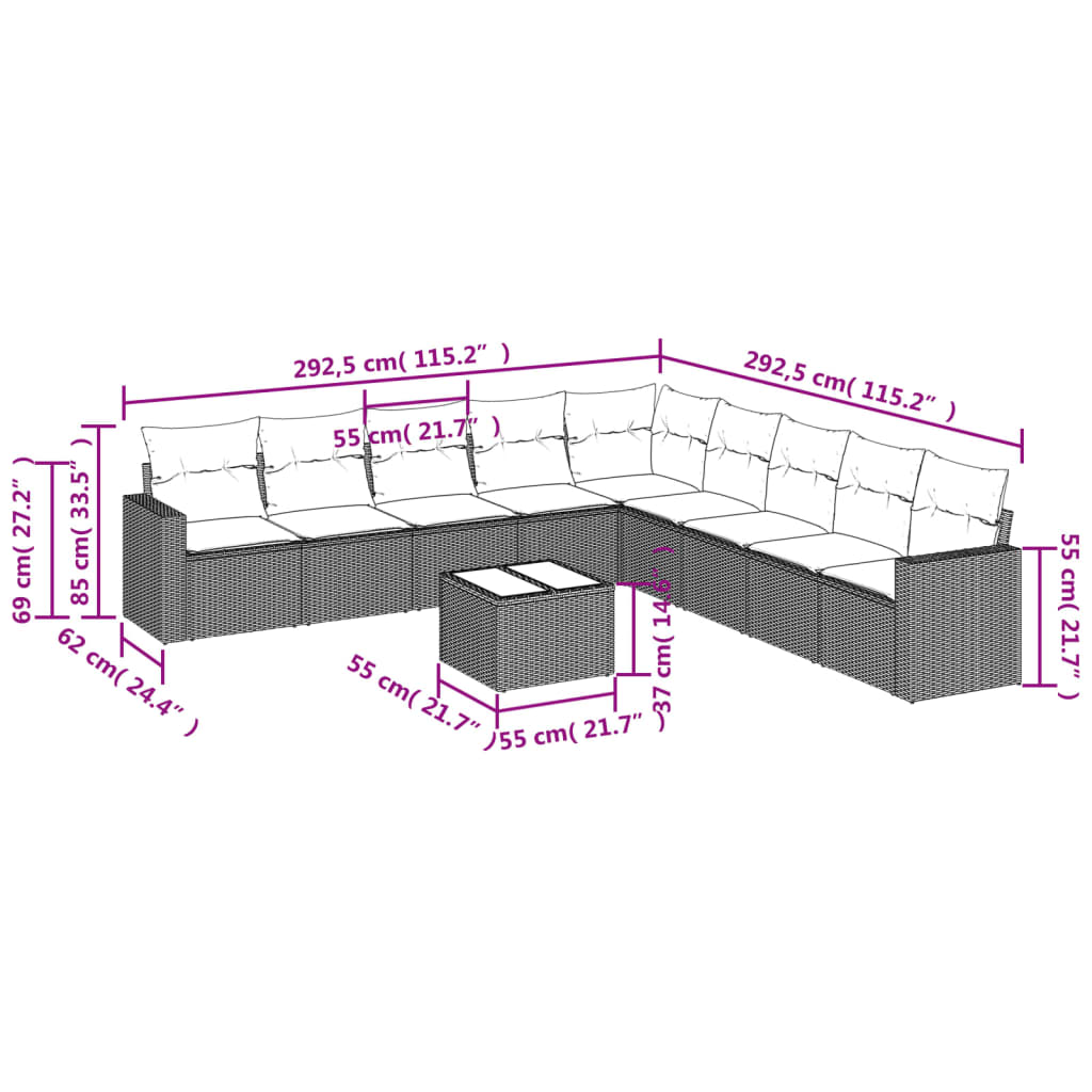 Set Divani da Giardino 10pz con Cuscini in Polyrattan Marrone