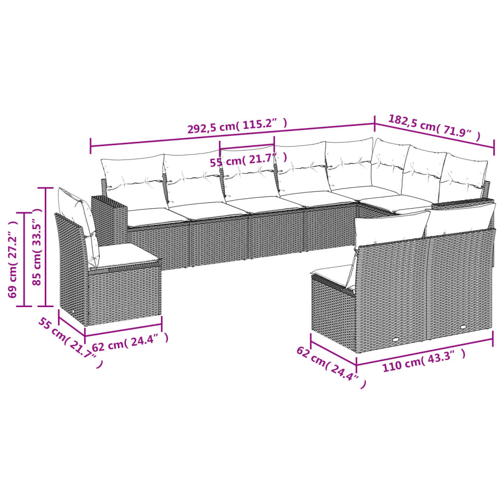 Set Divano da Giardino 10 pz con Cuscini Beige in Polyrattan