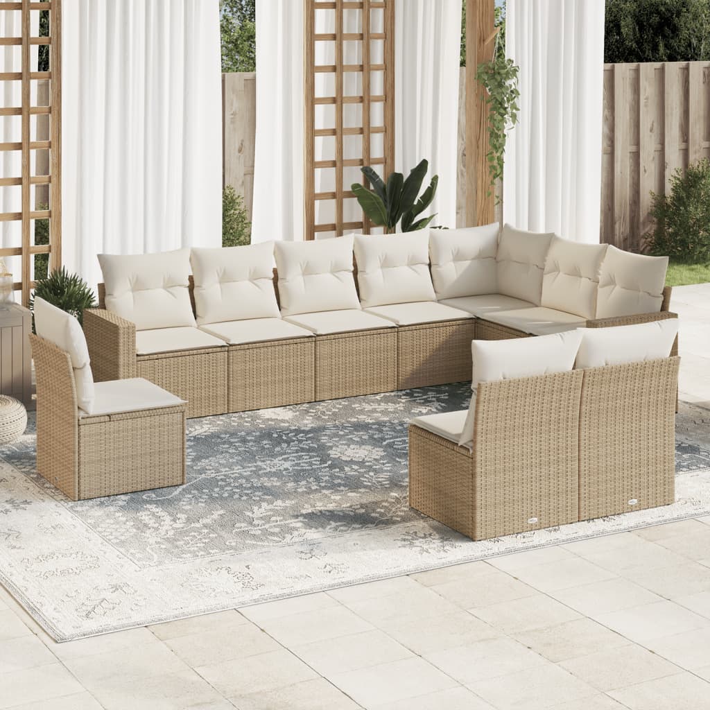 Set Divano da Giardino 10 pz con Cuscini Beige in Polyrattan