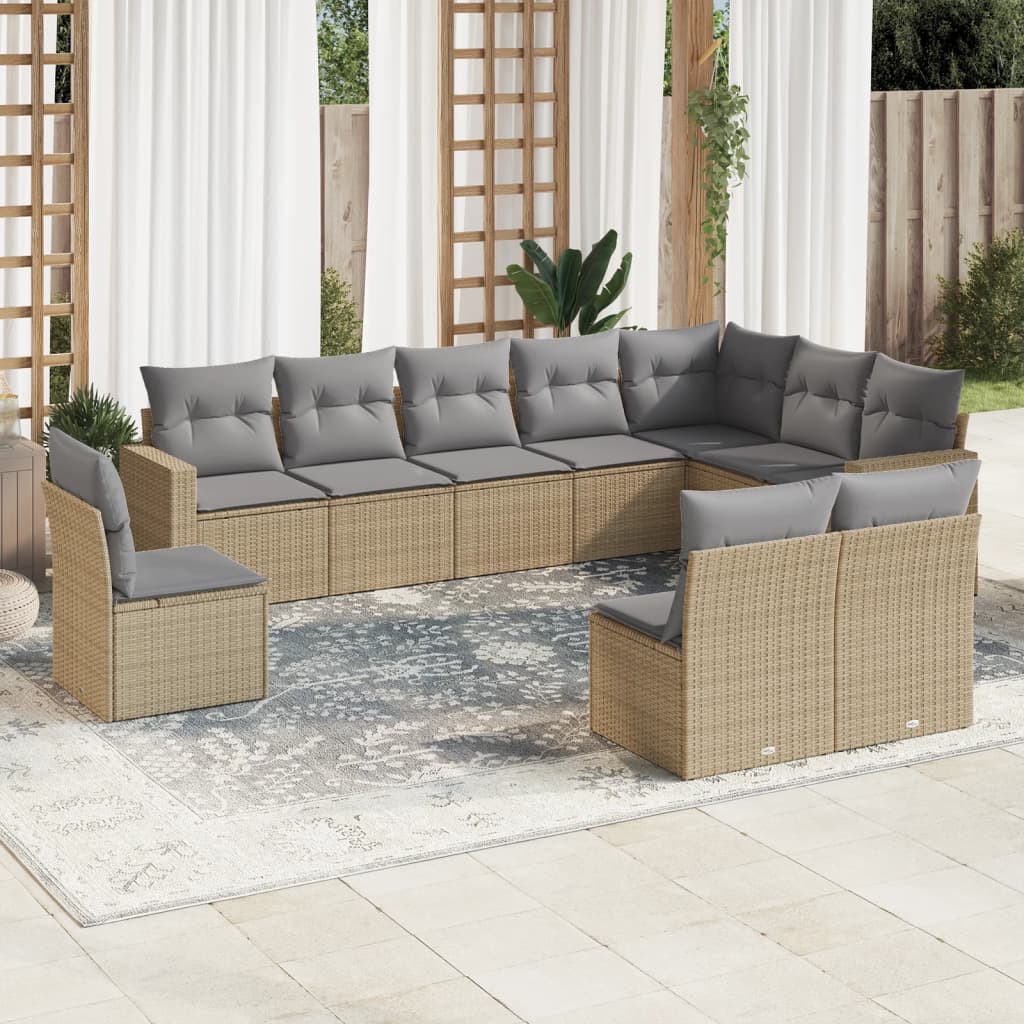 Set Divano da Giardino 10 pz con Cuscini Beige in Polyrattan