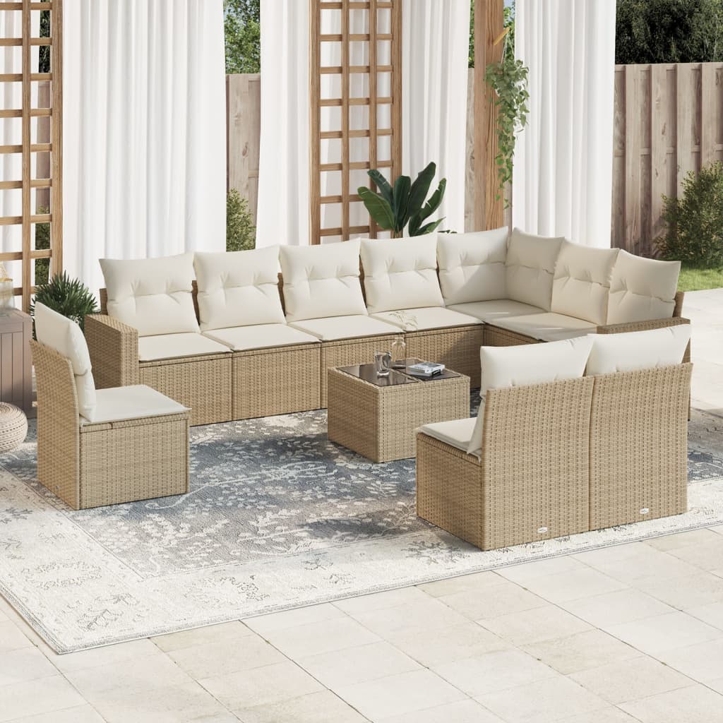 Set Divani da Giardino 11 pz con Cuscini Beige in Polyrattan