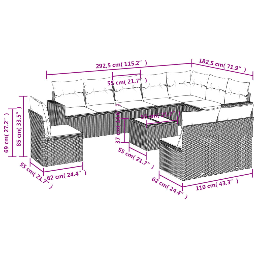 Set Divani da Giardino 11 pz con Cuscini in Polyrattan Grigio