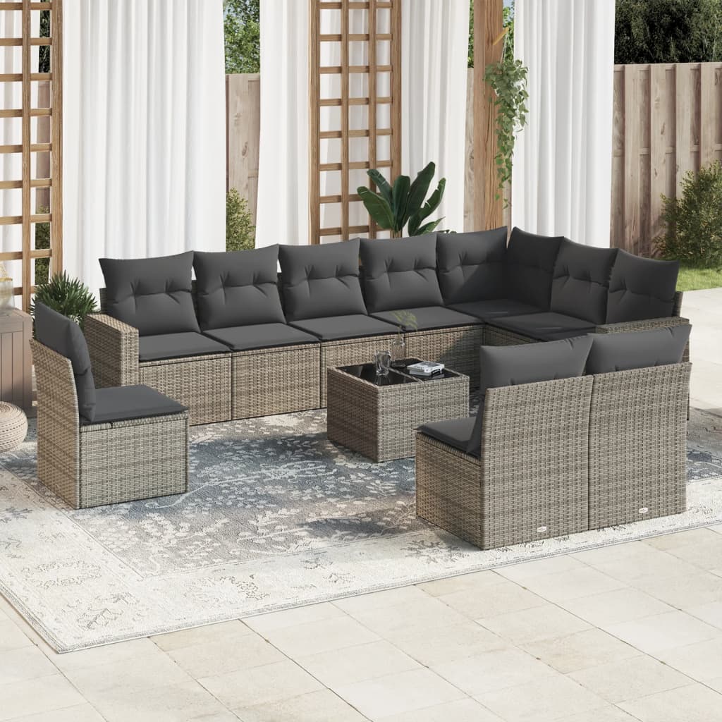 Set Divani da Giardino 11 pz con Cuscini in Polyrattan Grigio