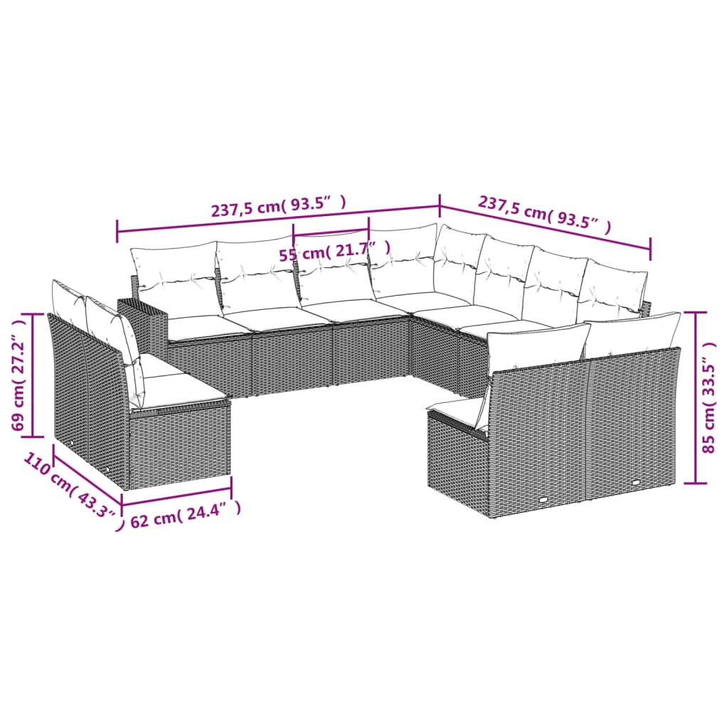 Set Divani da Giardino 11 pz con Cuscini Beige in Polyrattan