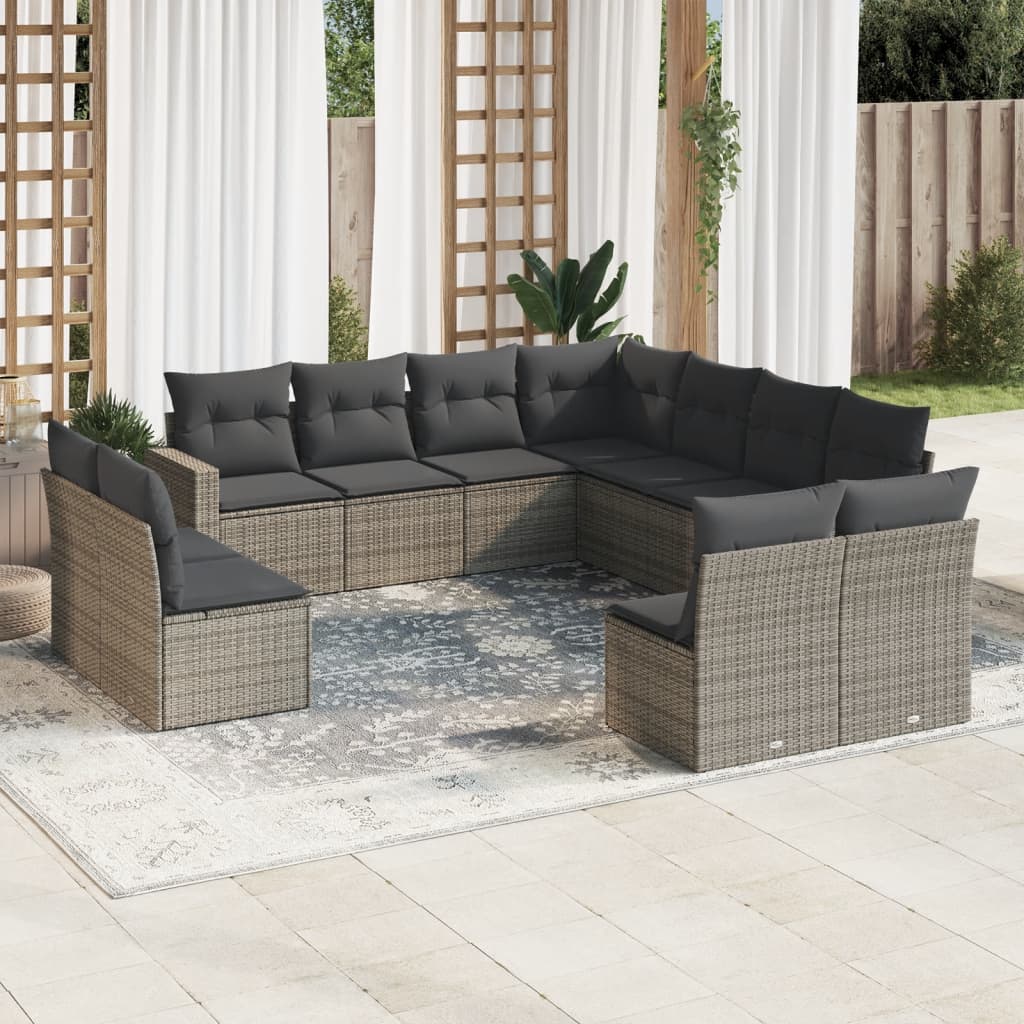 Set Divani da Giardino 11 pz con Cuscini in Polyrattan Grigio