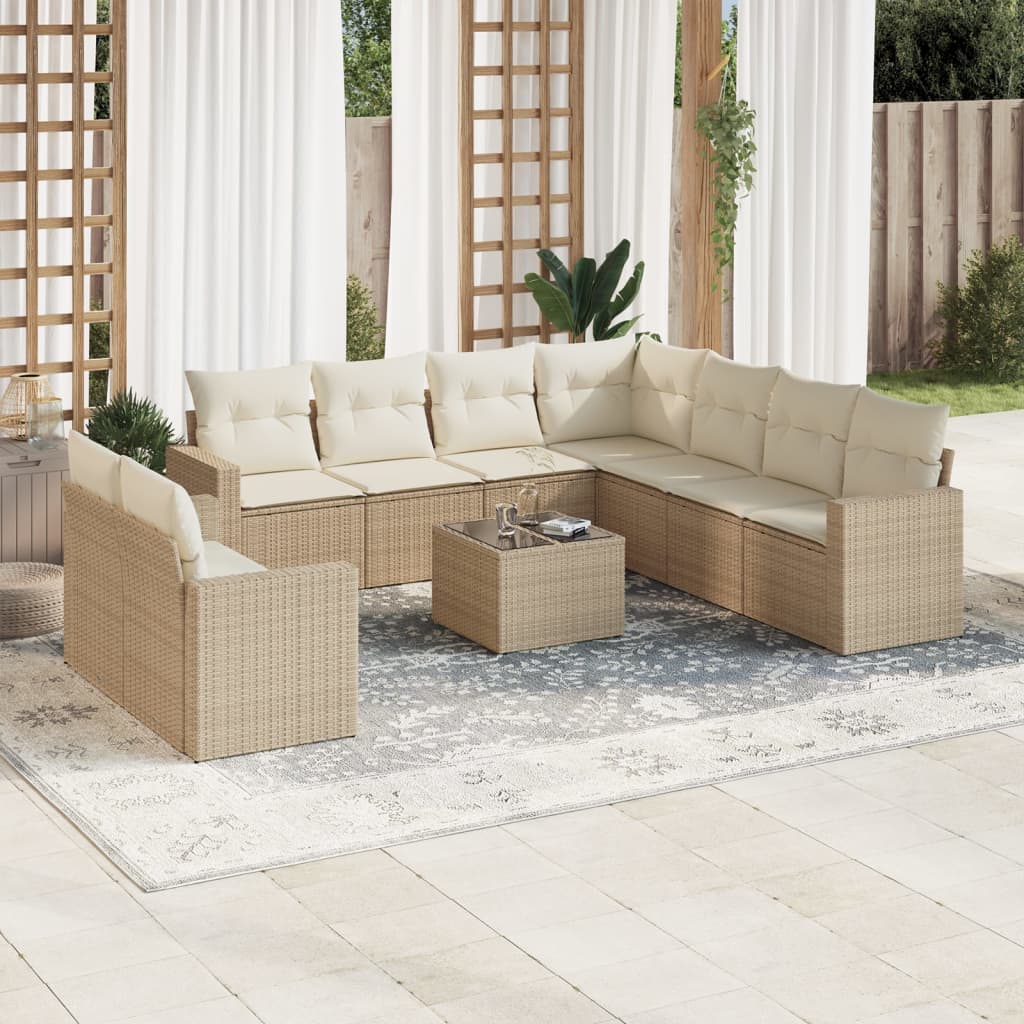 Set Divano da Giardino 10 pz con Cuscini Beige in Polyrattan