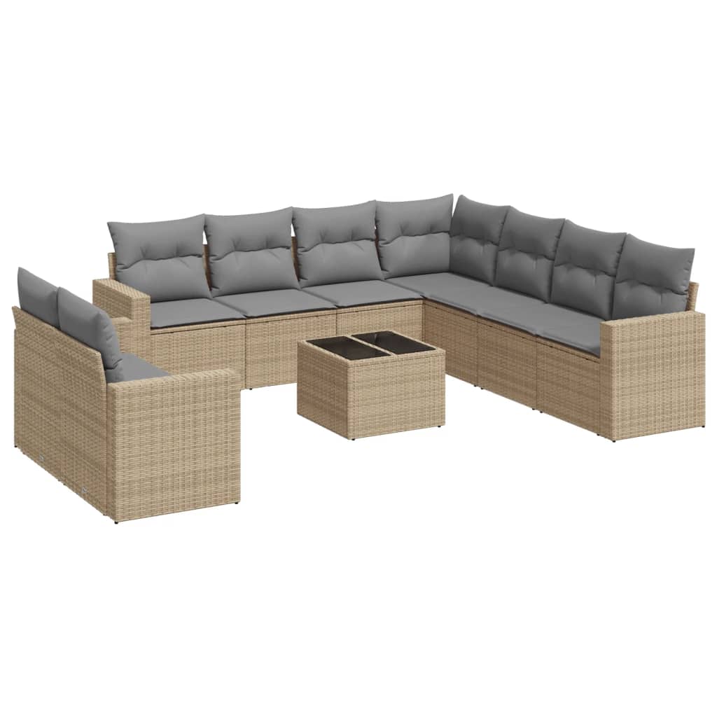 Set Divano da Giardino 10 pz con Cuscini Beige in Polyrattan