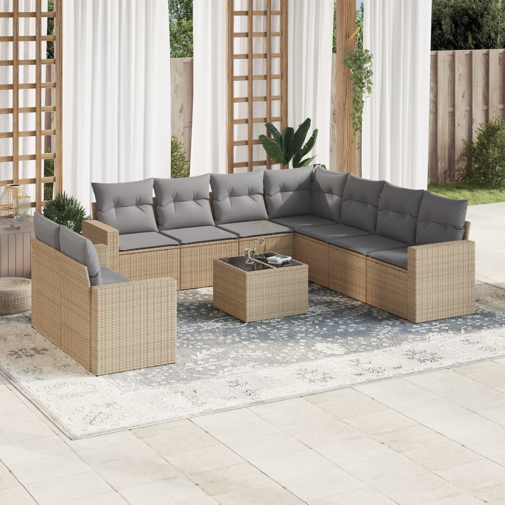 Set Divano da Giardino 10 pz con Cuscini Beige in Polyrattan