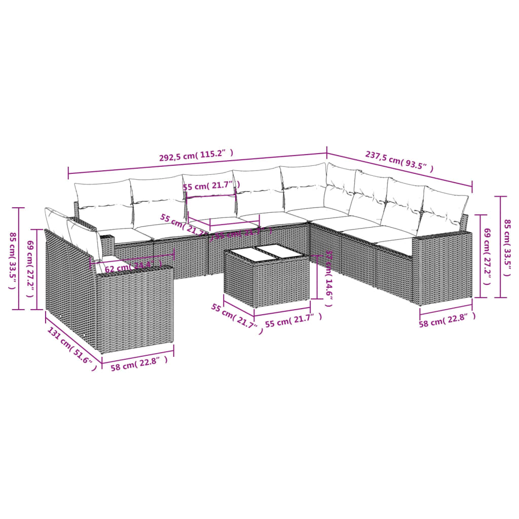 Set Divani da Giardino 11 pz con Cuscini in Polyrattan Grigio