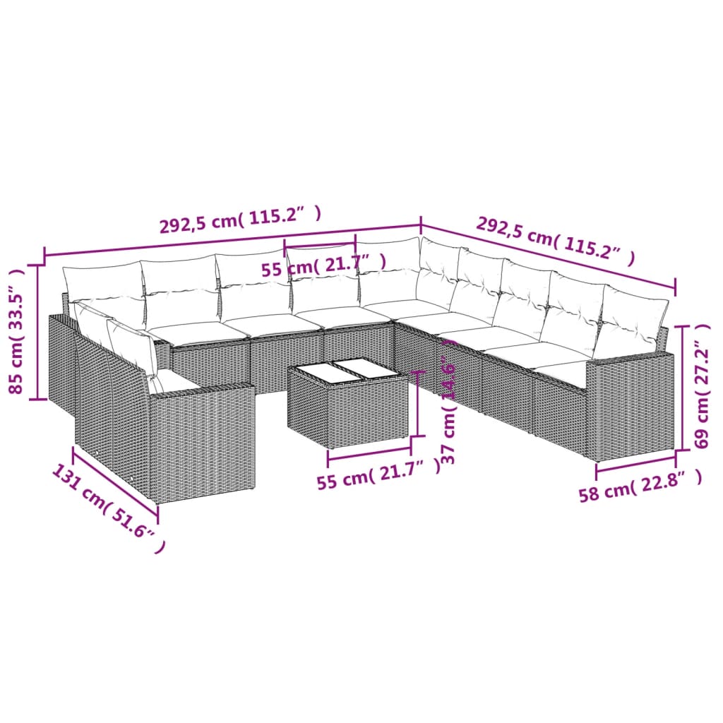 Set Divani da Giardino 12 pz con Cuscini Grigio in Polyrattan