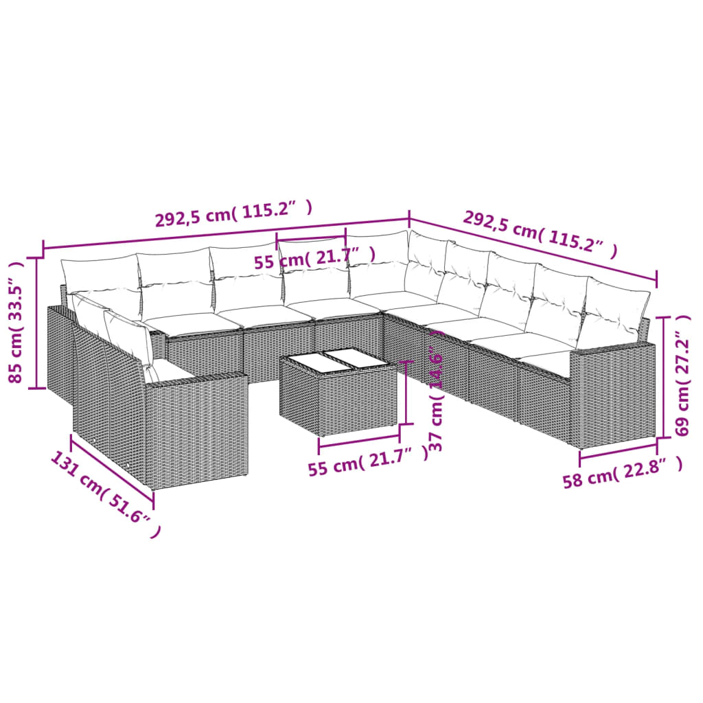 Set Divani da Giardino 12 pz con Cuscini Marrone in Polyrattan