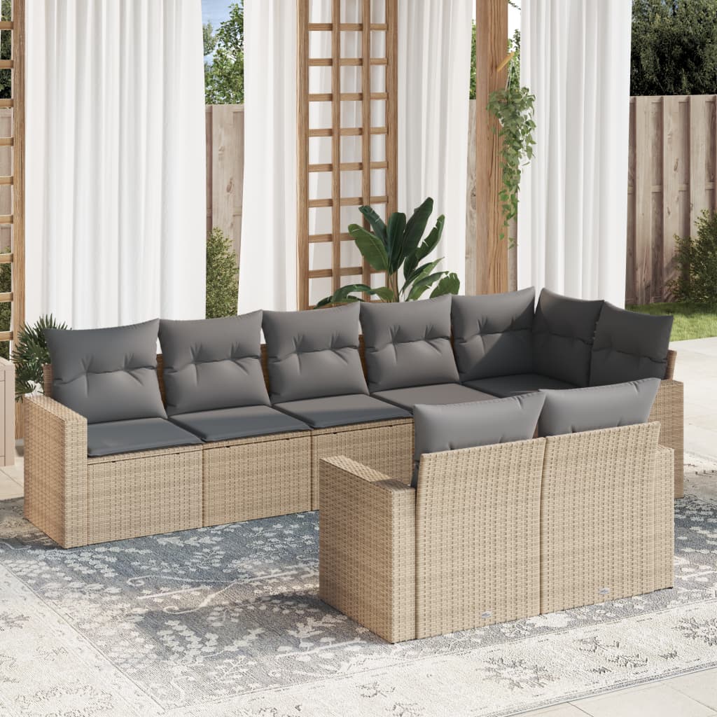 Set Divano da Giardino 8 pz con Cuscini Beige in Polyrattan