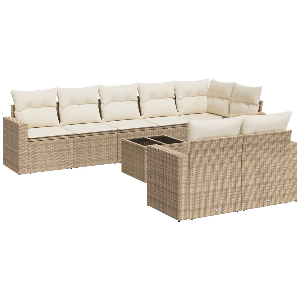 Set Divano da Giardino 9 pz con Cuscini Beige in Polyrattan