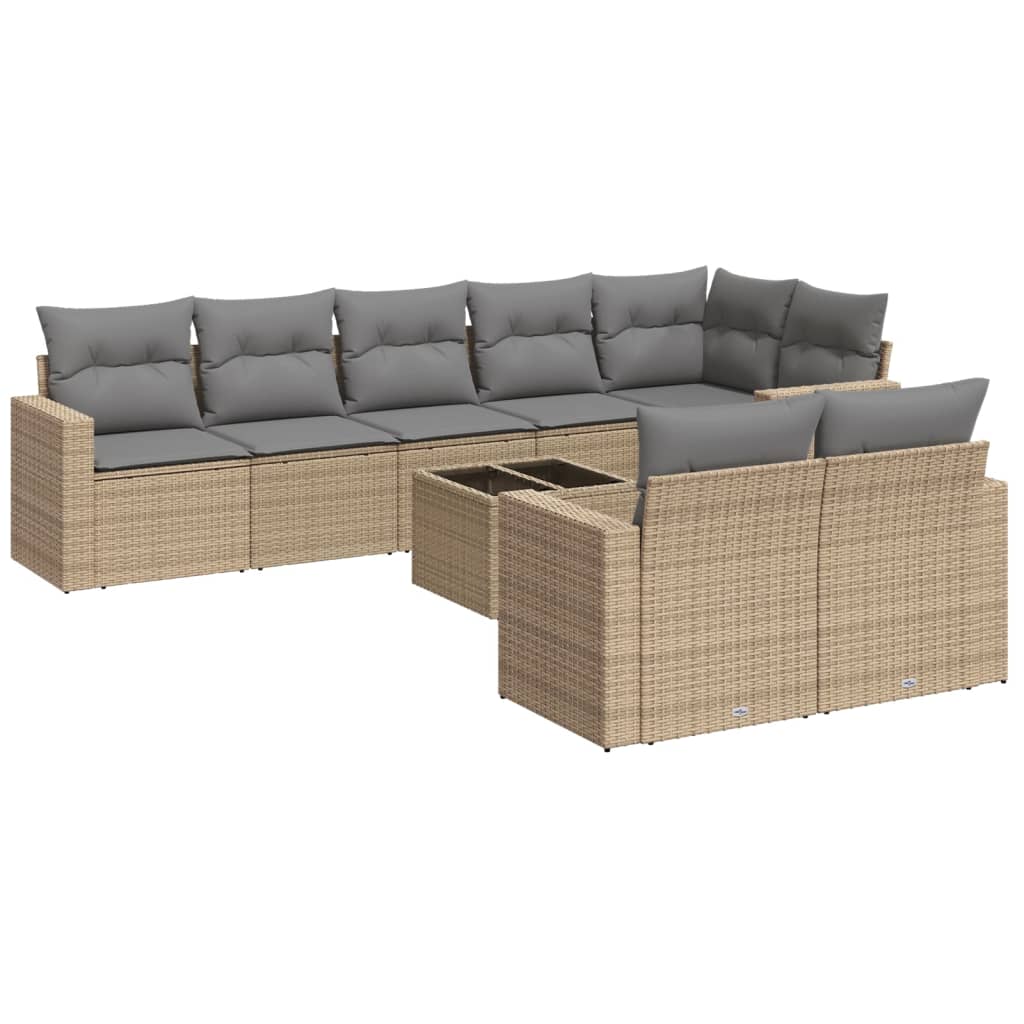 Set Divano da Giardino 9 pz con Cuscini Beige in Polyrattan