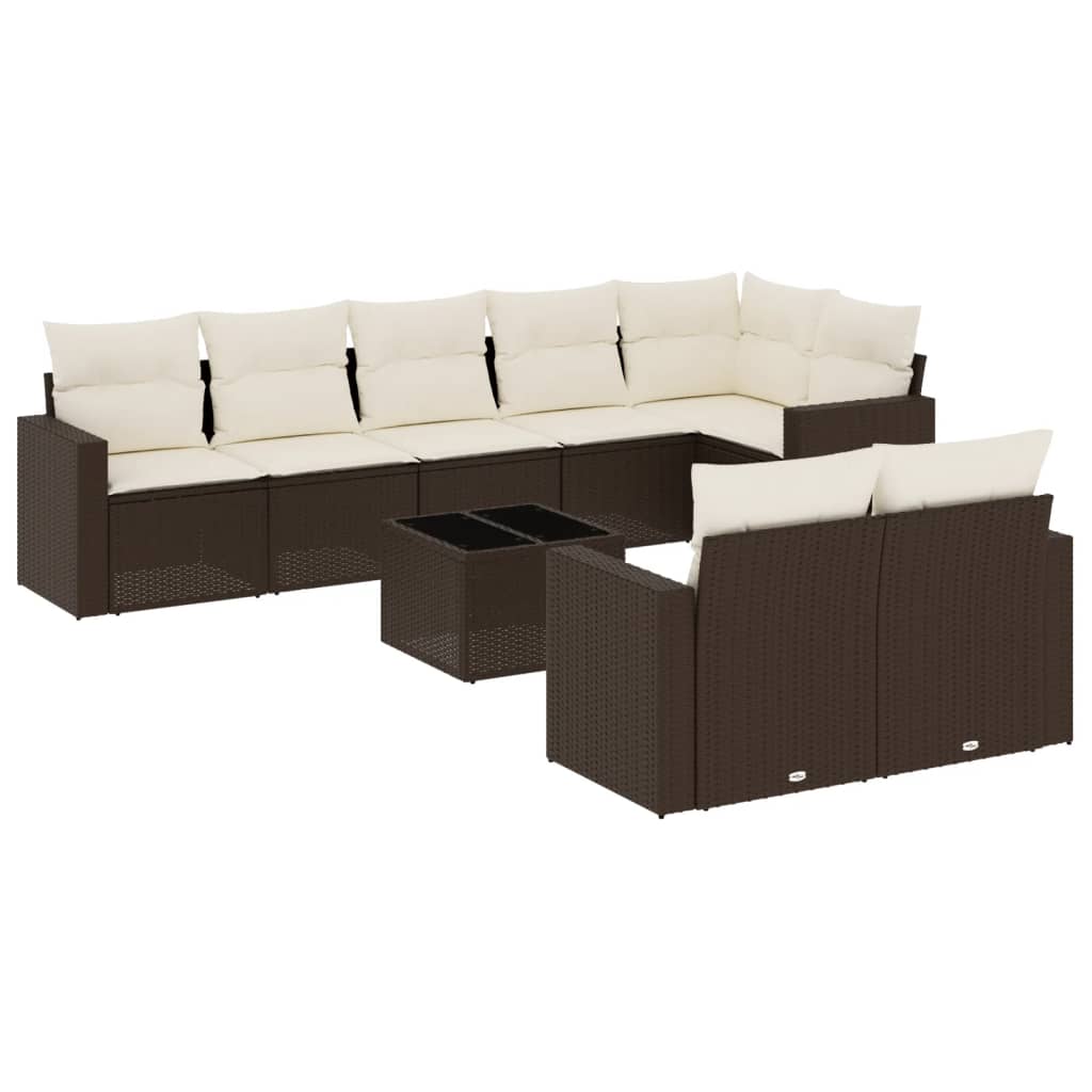 Set Divani da Giardino 9pz con Cuscini Marrone in Polyrattan