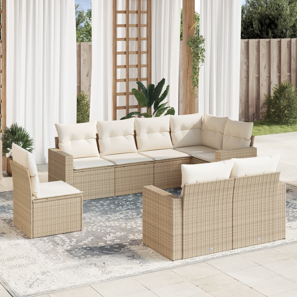 Set Divano da Giardino 8 pz con Cuscini Beige in Polyrattan