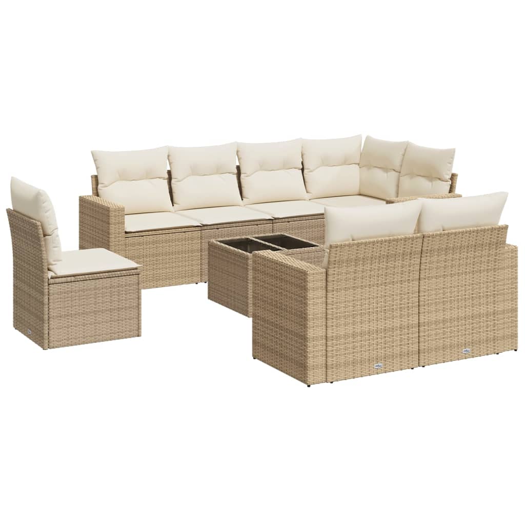 Set Divano da Giardino 9 pz con Cuscini Beige in Polyrattan