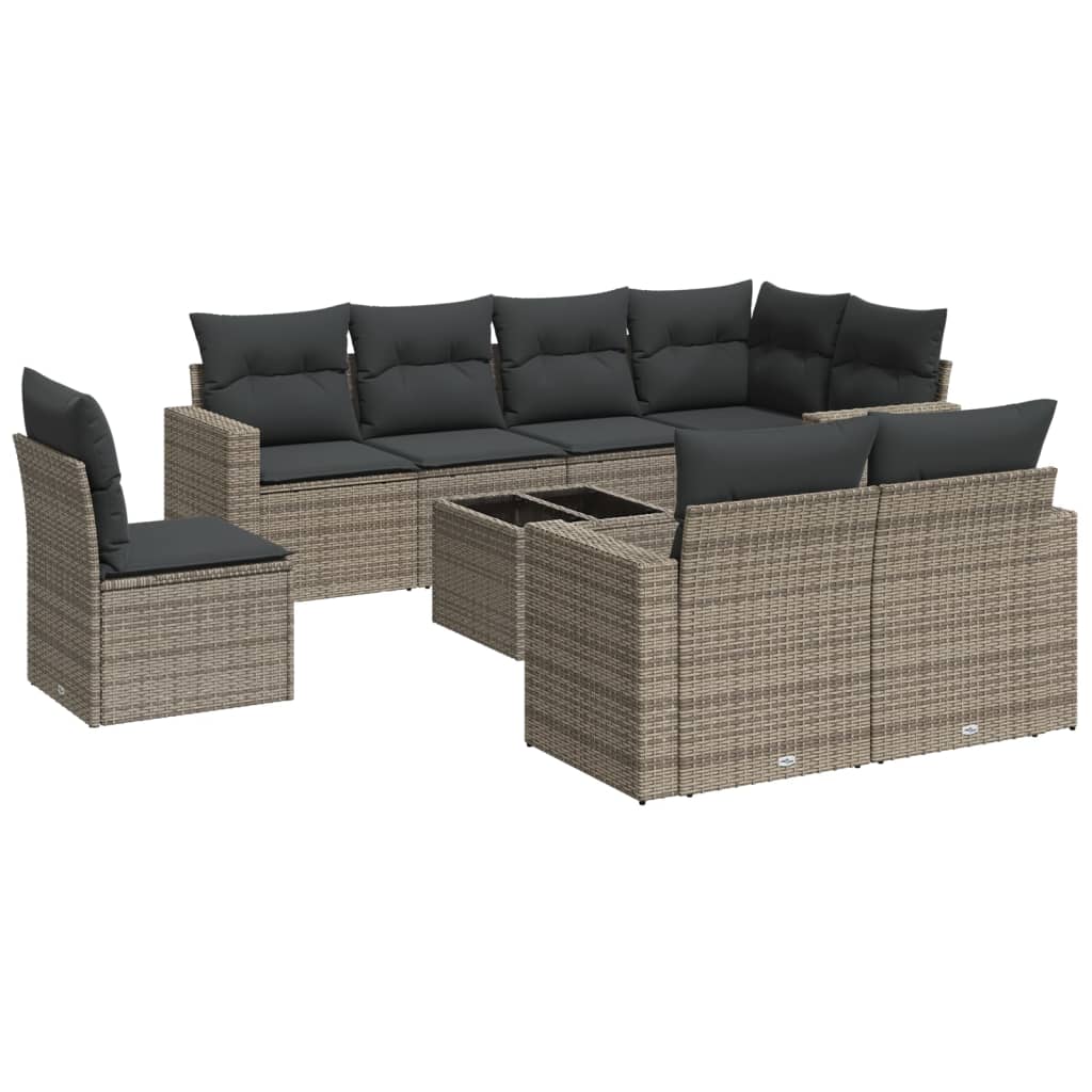 Set Divano da Giardino 9 pz con Cuscini Grigio in Polyrattan