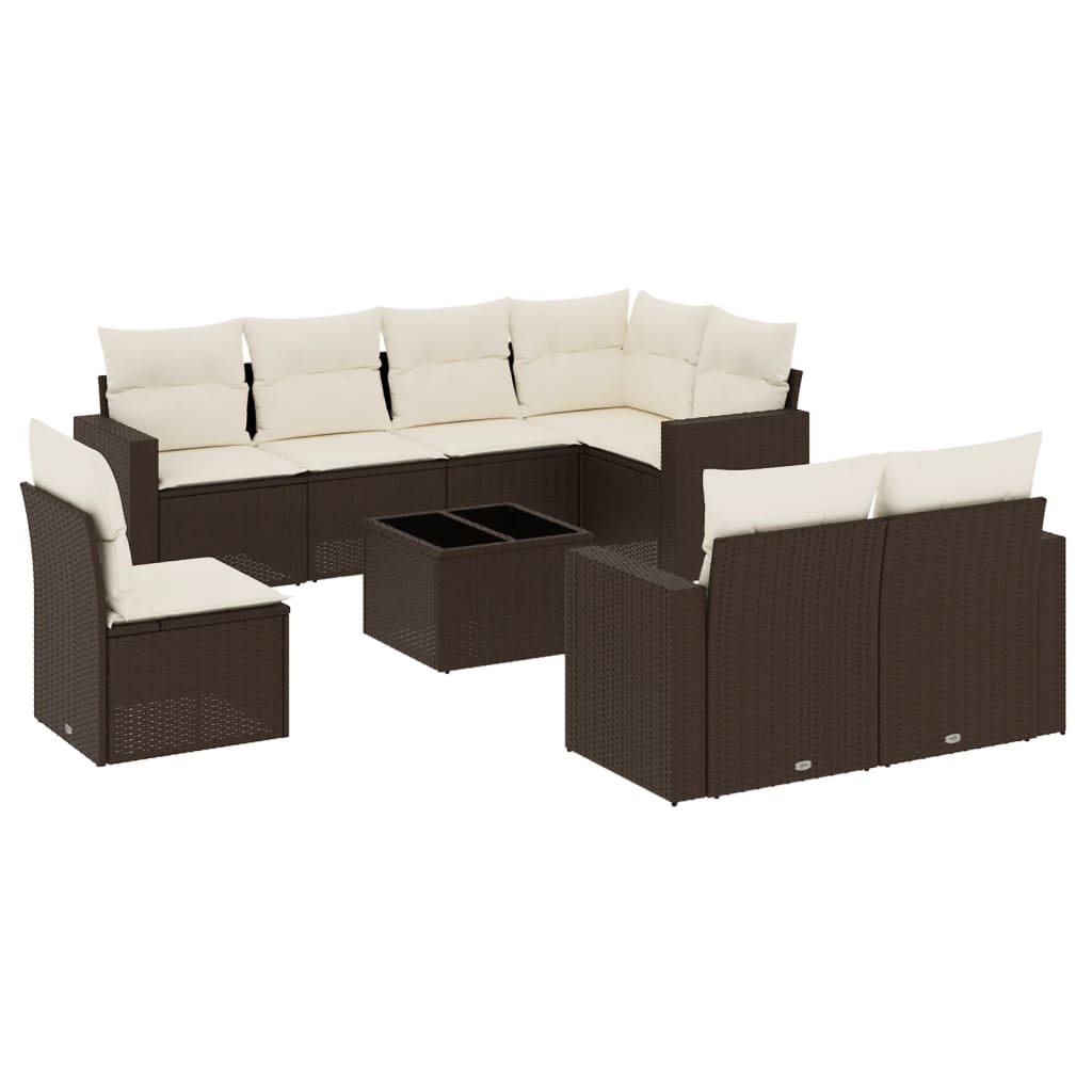 Set Divani da Giardino 9pz con Cuscini Marrone in Polyrattan