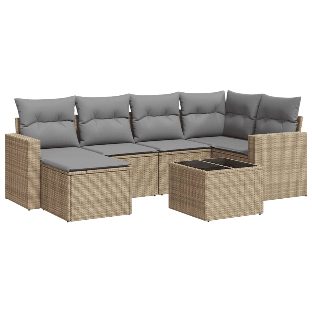 Set Divani da Giardino 7 pz con Cuscini Beige in Polyrattan