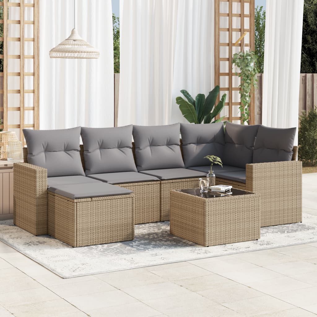 Set Divani da Giardino 7 pz con Cuscini Beige in Polyrattan