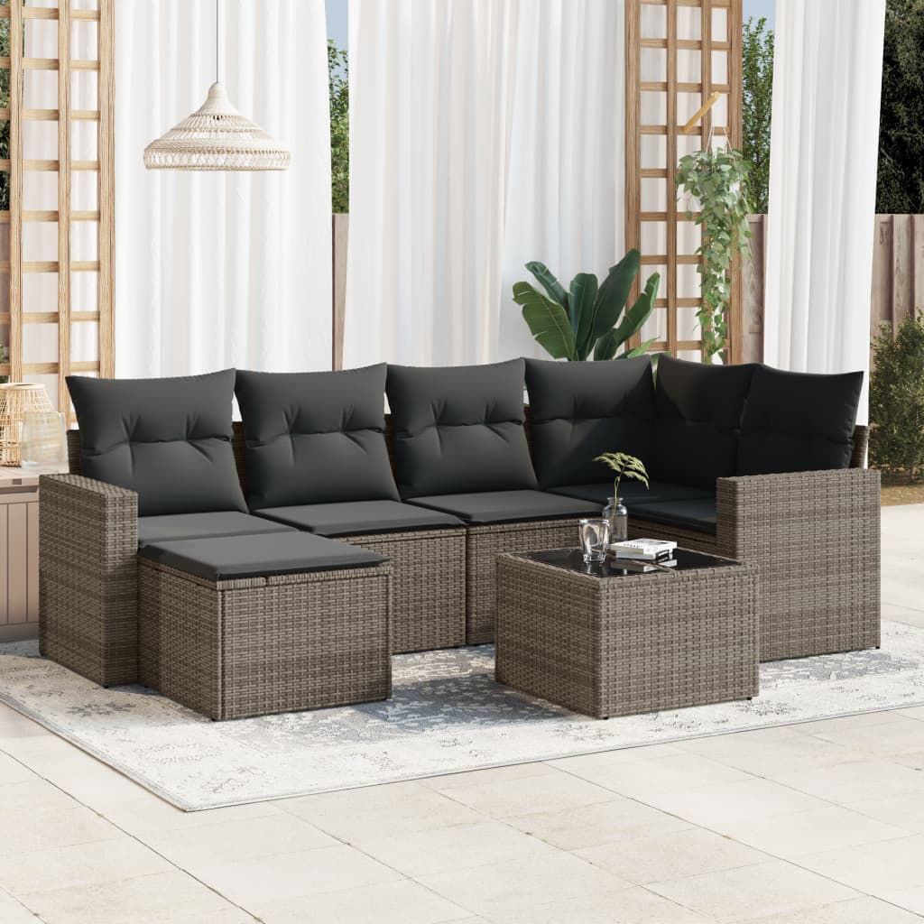 Set Divani da Giardino 7 pz con Cuscini Grigio in Polyrattan