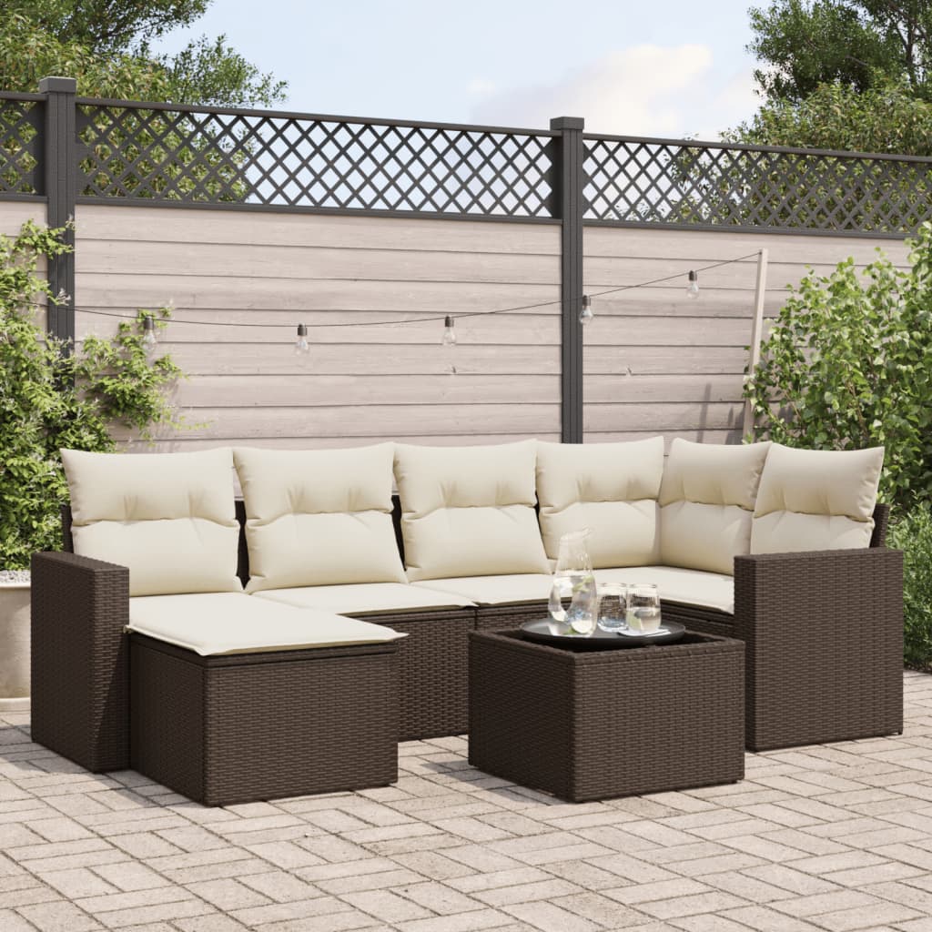 Set Divani da Giardino 7 pz con Cuscini Marrone in Polyrattan