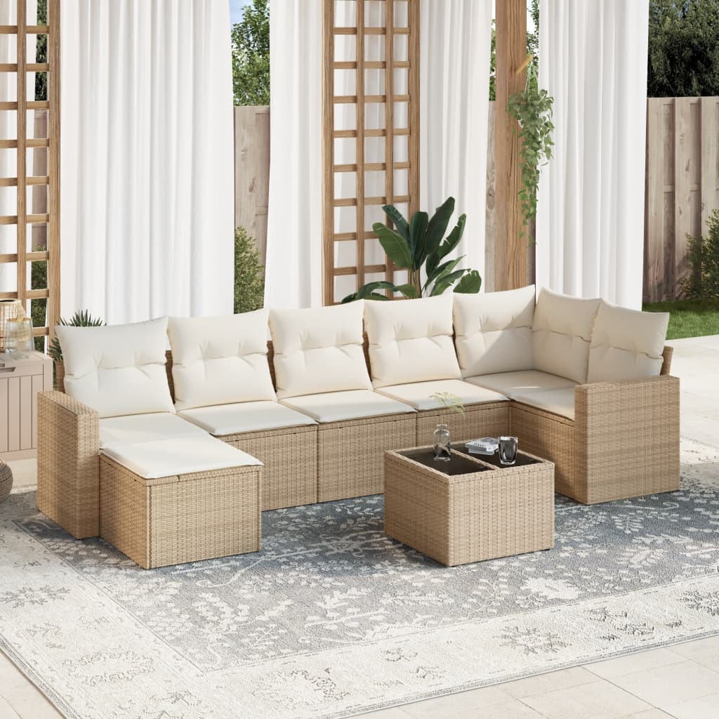 Set Divano da Giardino 8 pz con Cuscini Beige in Polyrattan