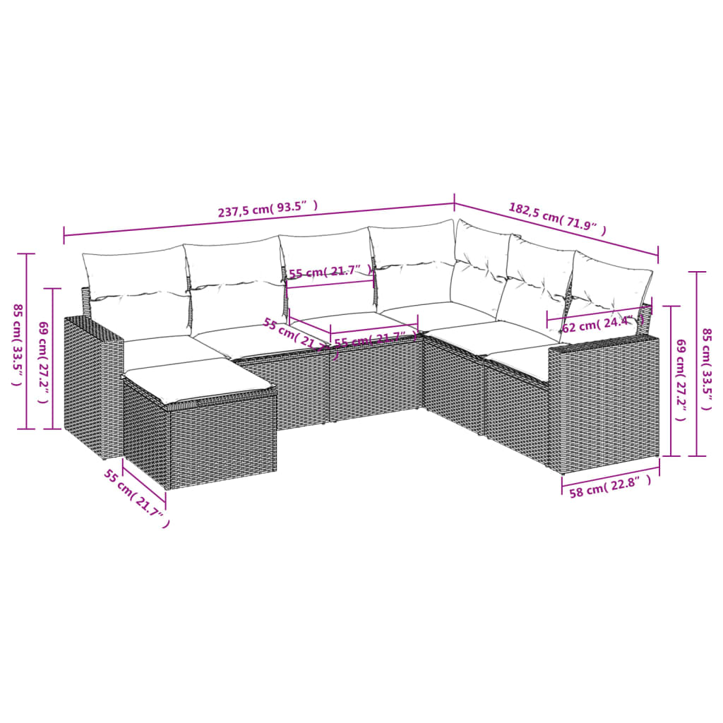 Set Divani da Giardino 7 pz con Cuscini Beige in Polyrattan