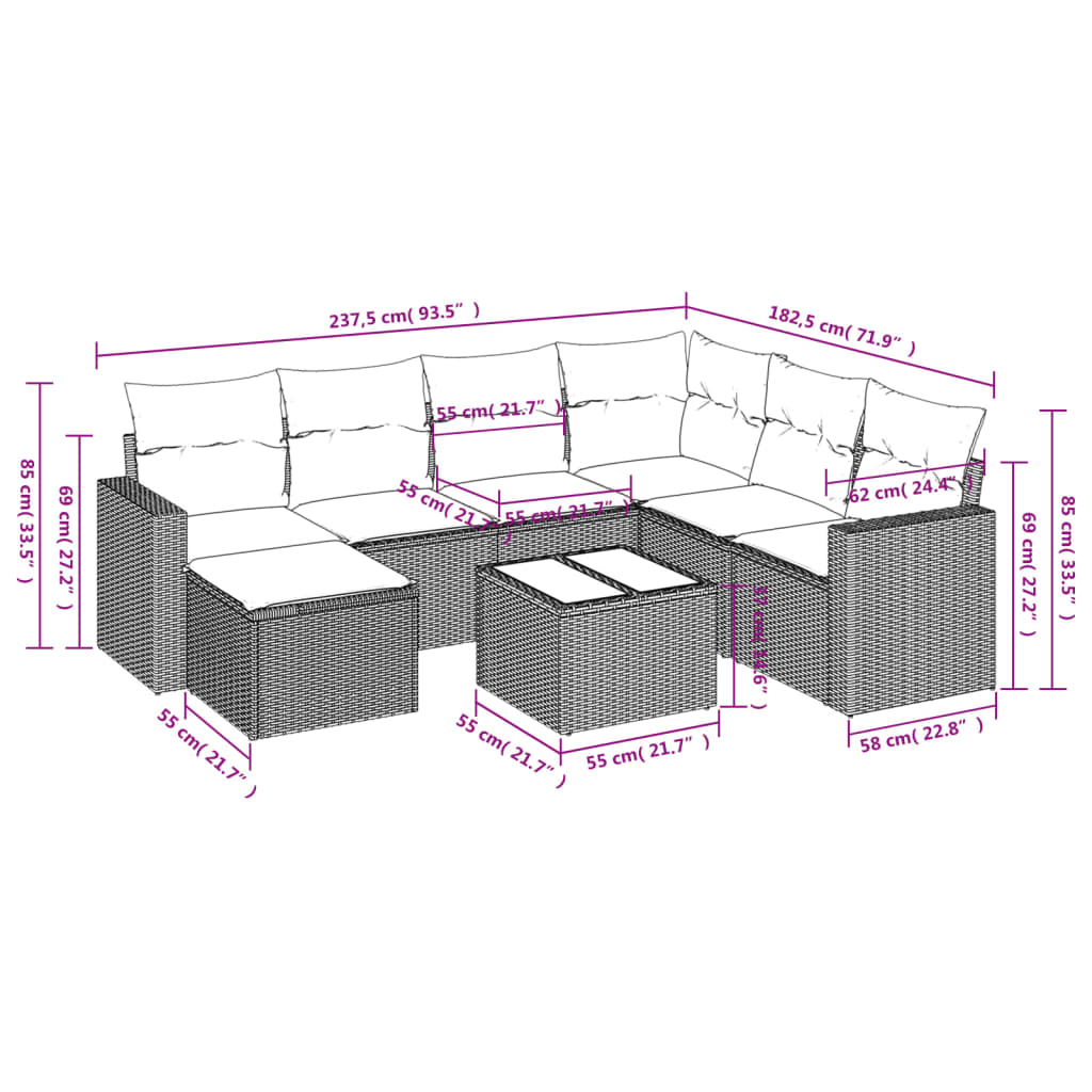 Set Divano da Giardino 8 pz con Cuscini Beige in Polyrattan