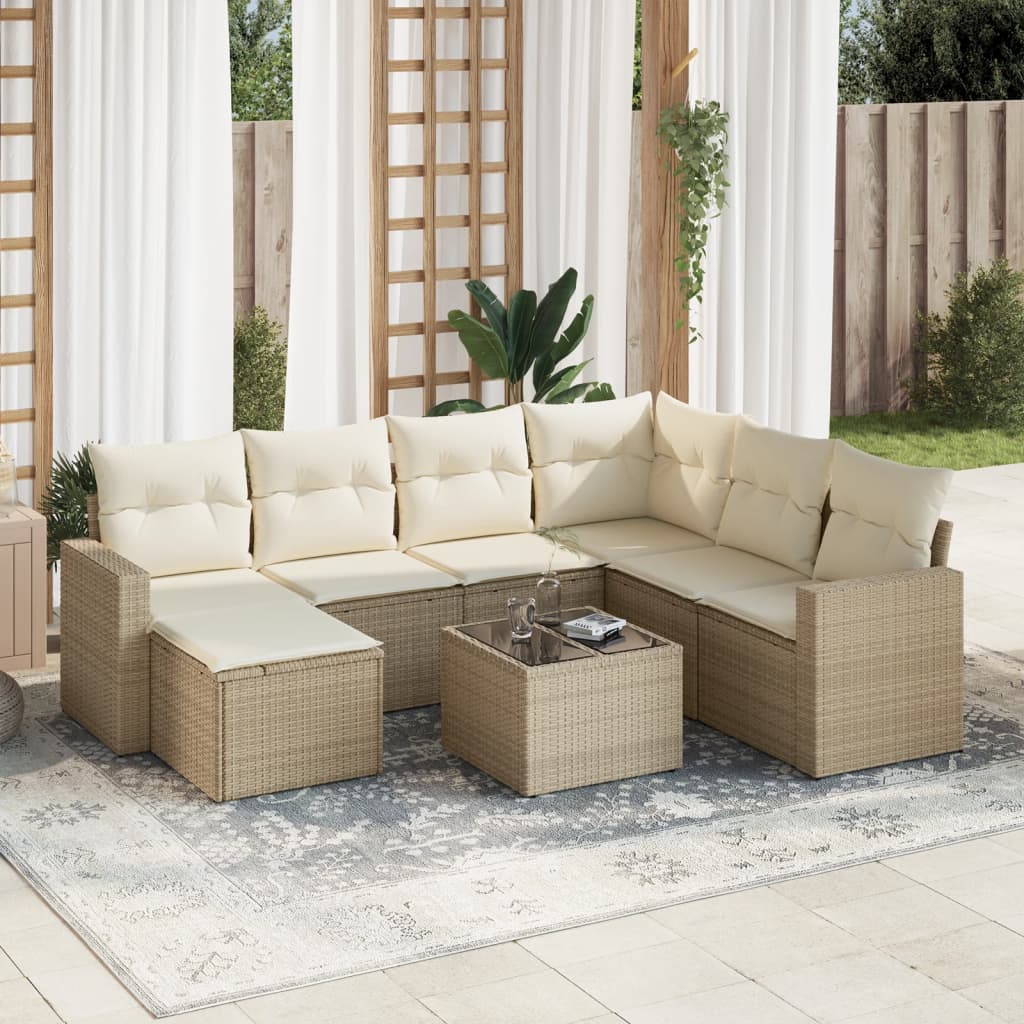 Set Divano da Giardino 8 pz con Cuscini Beige in Polyrattan