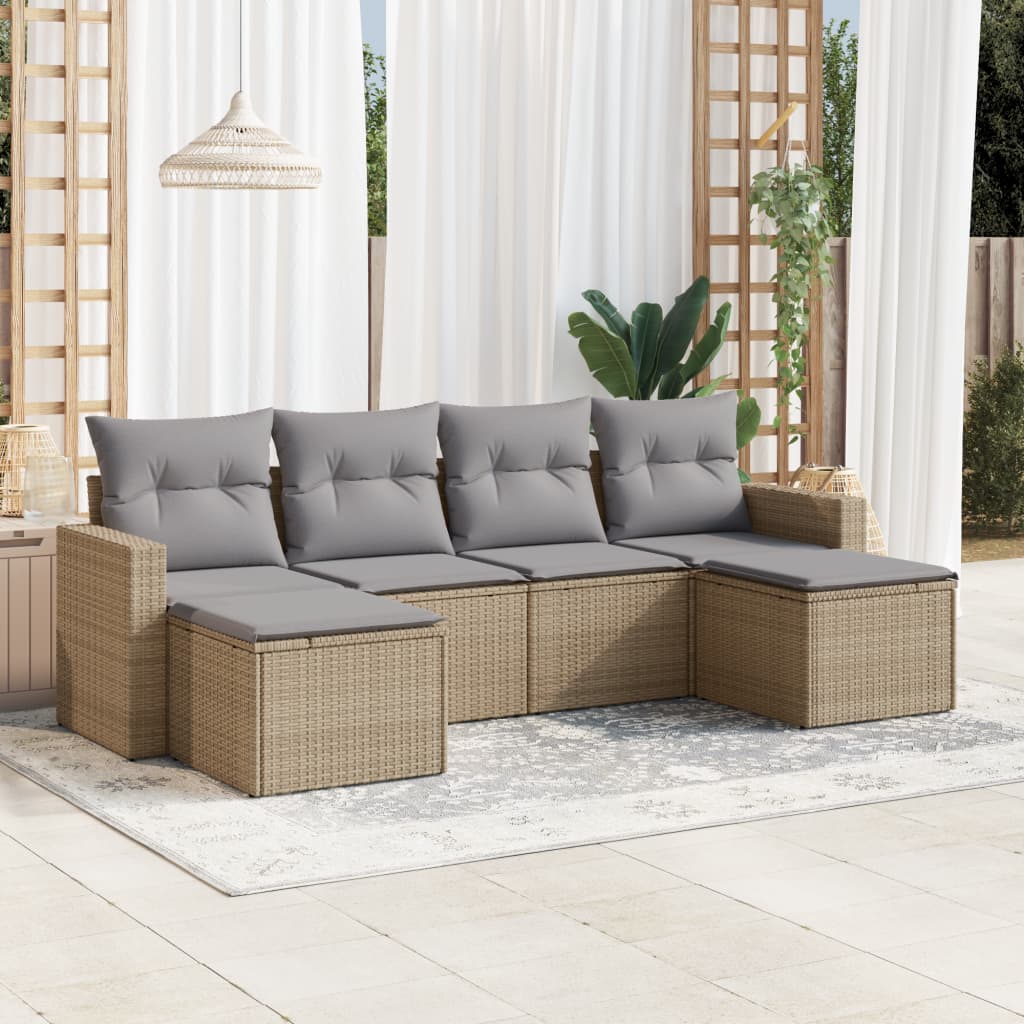 Set Divano da Giardino 6 pz con Cuscini Beige in Polyrattan