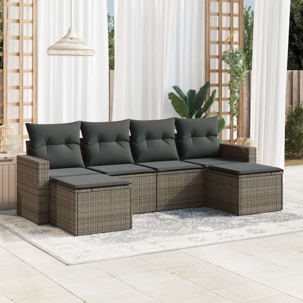 Set Divano da Giardino 6 pz con Cuscini Grigio in Polyrattan