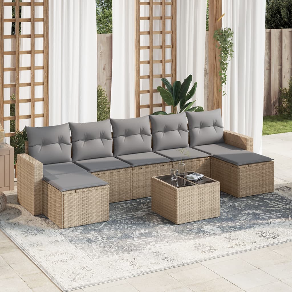 Set Divano da Giardino 8 pz con Cuscini Beige in Polyrattan