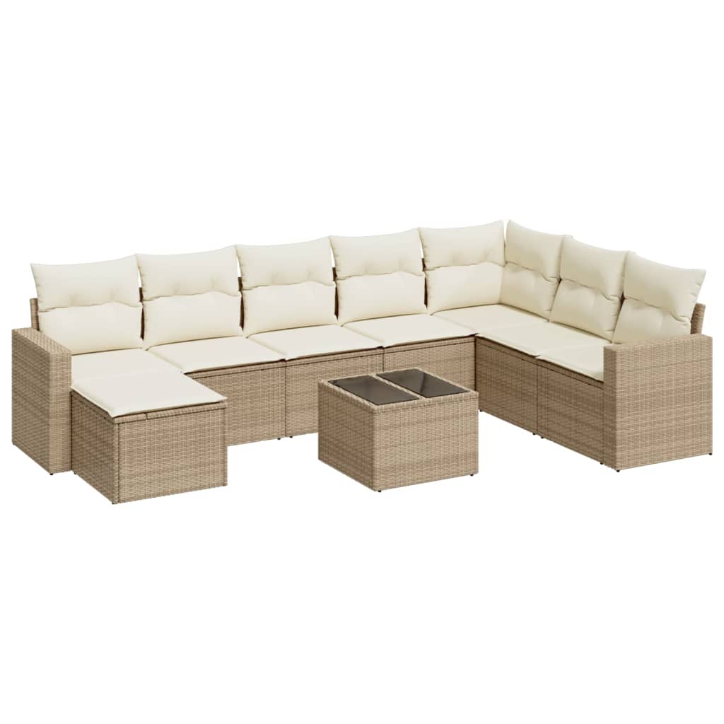 Set Divano da Giardino 9 pz con Cuscini Beige in Polyrattan