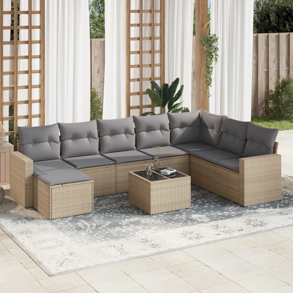 Set Divano da Giardino 9 pz con Cuscini Beige in Polyrattan